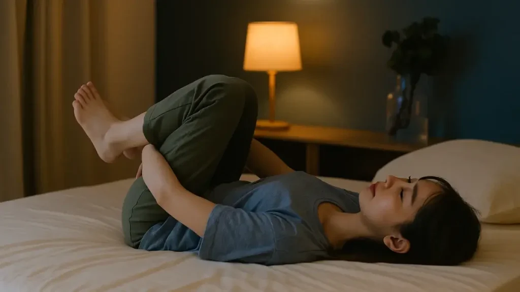 寝苦しい夜の“クールダウン”習慣｜ベッドの上で女性がストレッチしている