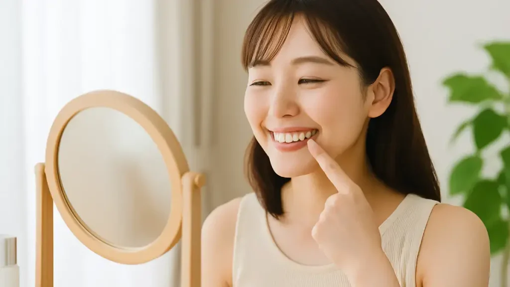 マスクを外す季節に♡ 口もとの“印象アップ”ケア習慣:鏡の前で笑顔を作る女性