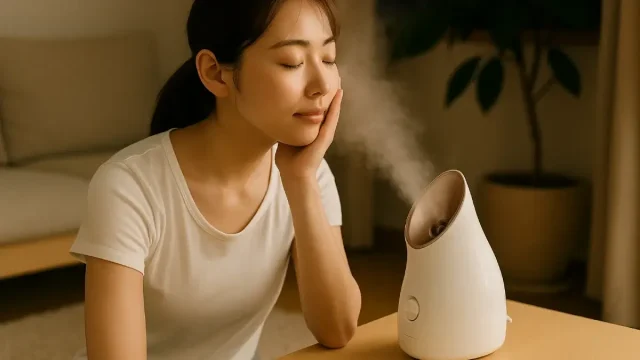 夏の毛穴レス肌を目指して♡ 週末“スチーム美容”ルーティン：リビングでスチームを浴びる女性