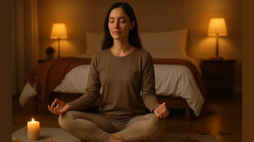 ぐっすり眠れる“呼吸瞑想ルーティン”｜ベッドの上で瞑想する女性
