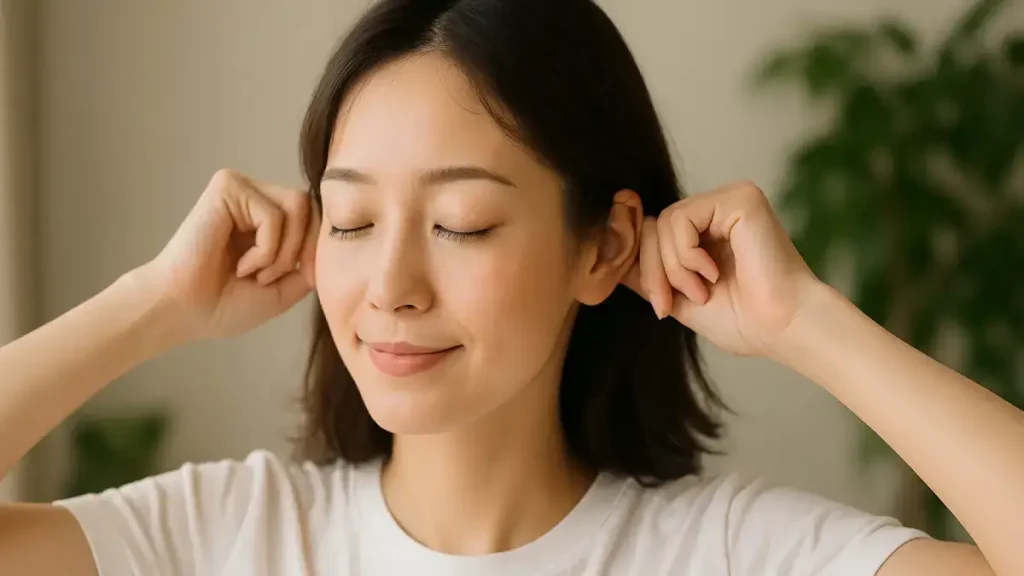 耳ストレッチをする女性