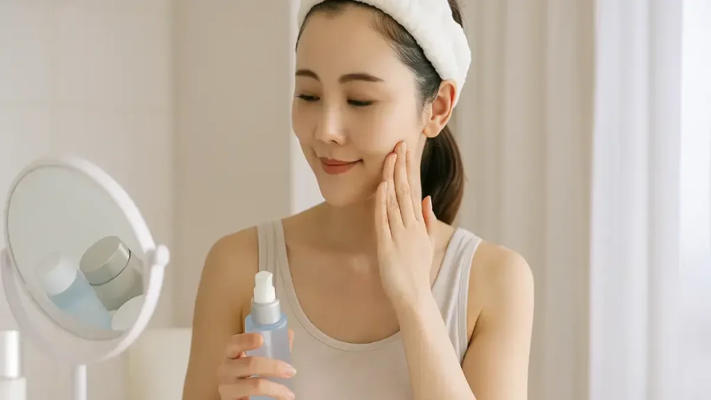 夏の終わりのUVケア＆美白ルーティンをする女性