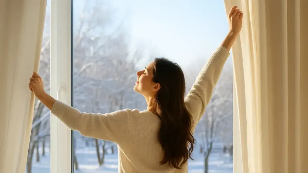 “自律神経スイッチON”3分ルーティン｜窓辺で伸びをし日光をあびる女性