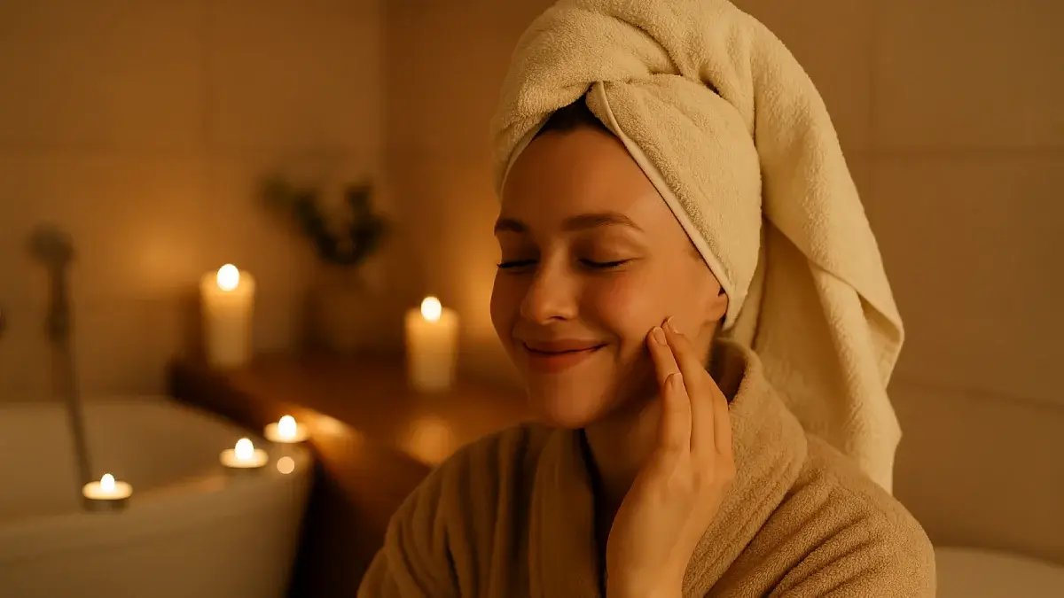 夜のバスルーム。髪にタオルを巻いてヘアパックをする女性