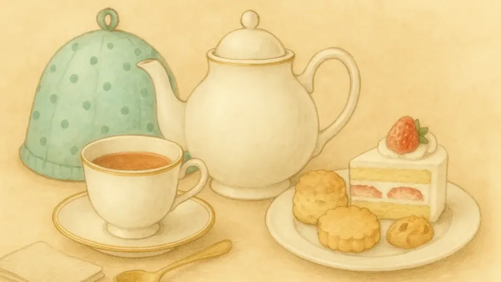 ティーポットとティーカップ、ケーキとスコーンが並ぶやさしい色調のティータイムの様子