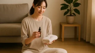 オイルとタオルを手に取りマッサージをししようとしている女性