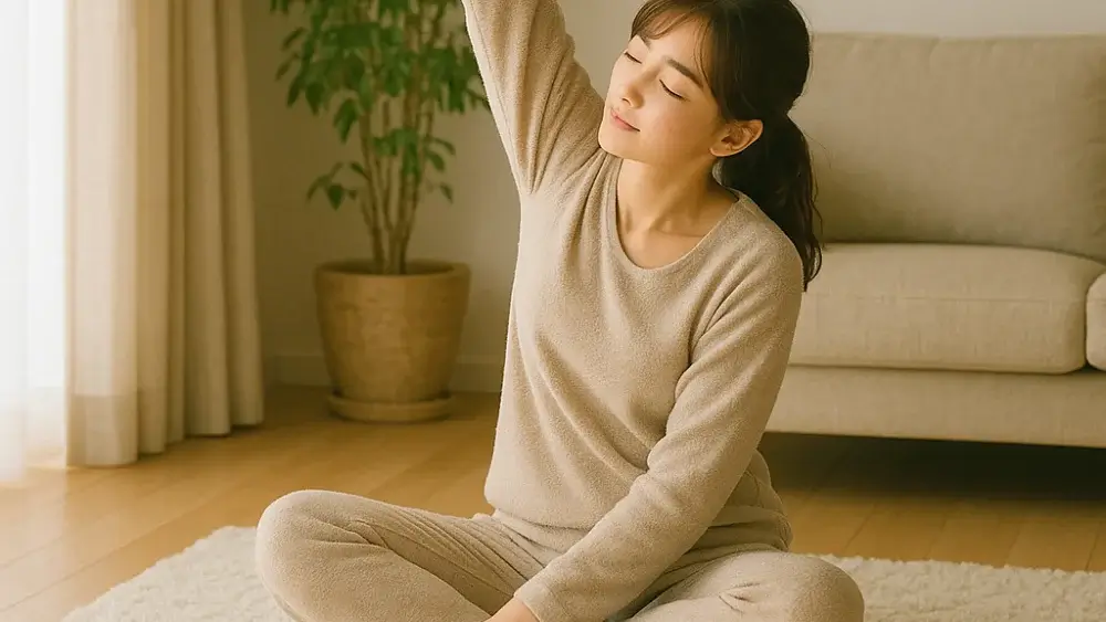 お風呂上がりにリビングでストレッチをして体を温める女性