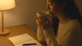 夜のリラックスタイムにノートを書いている女性