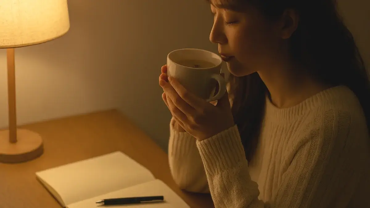 夜のリラックスタイムにノートを書いている女性