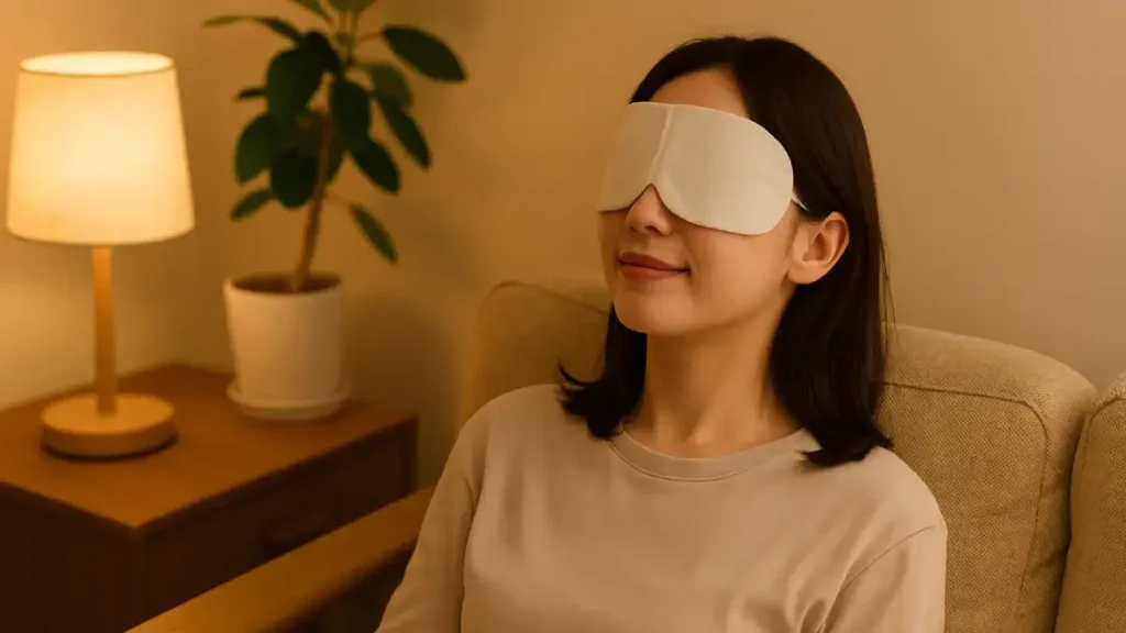 ホットアイマスクをつけてリラックスしている女性