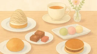 洋菓子と和菓子、紅茶が並んだご褒美ティータイムのテーブル