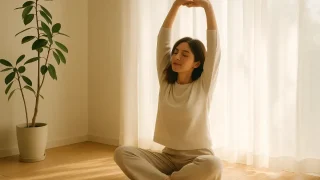 朝日を浴びながら深呼吸とストレッチをして体を目覚めさせる女性の写真