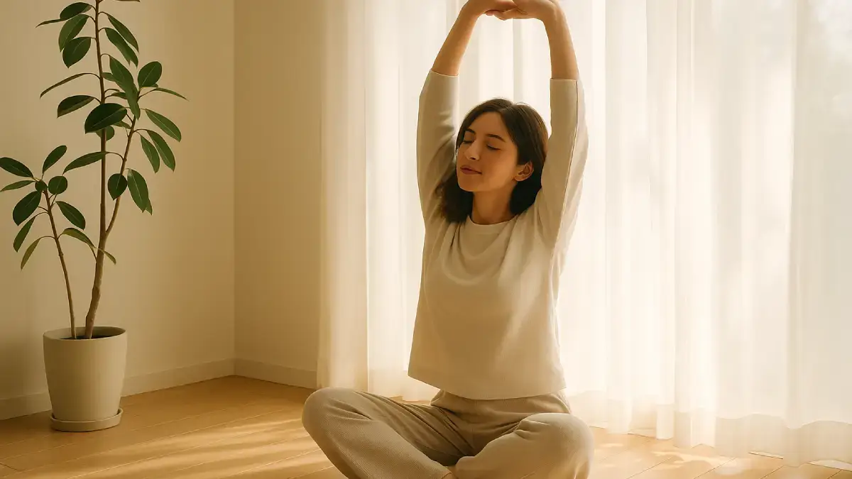 朝日を浴びながら深呼吸とストレッチをして体を目覚めさせる女性の写真