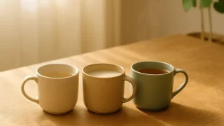 温かい飲みものがはいった３つのカップ