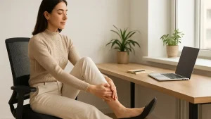 デスクで椅子に座りながら軽く脚を伸ばす女性