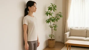 壁を背にして正しい姿勢を確認している女性の写真