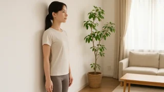 壁を背にして正しい姿勢を確認している女性の写真
