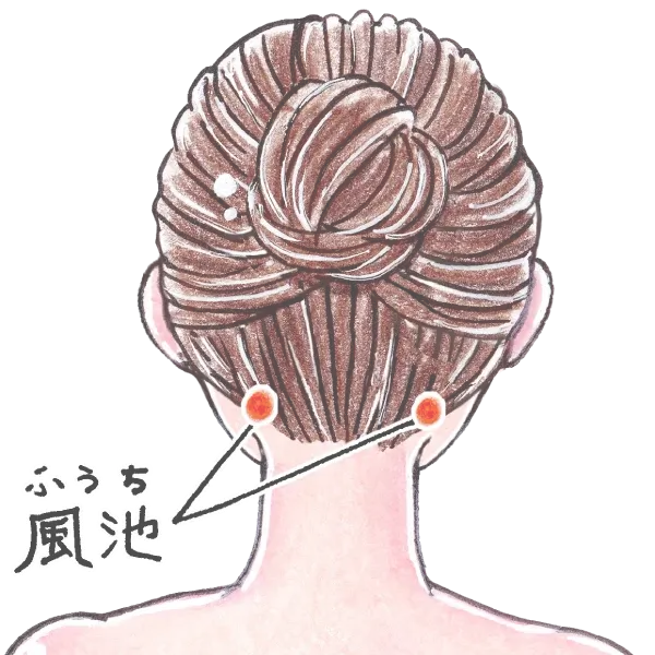 女性のイラストに風池（ふうち）を示したもの