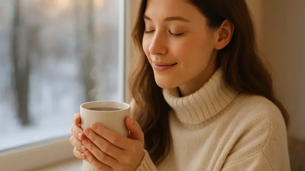 冬の朝、温かい飲み物を両手で包みながらリラックスする女性の横顔。