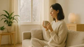 冬の朝、窓から日光をとりこみ部屋でくつろぐ女性