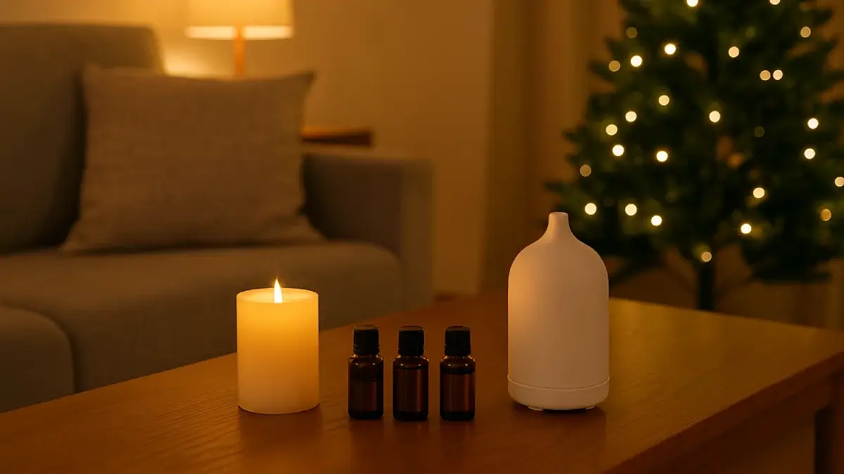 木のテーブルにアロマオイルとディフューザー、キャンドルが並んでいる