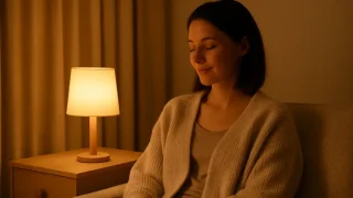 暖色ライトの部屋でスマホから少し距離を置いて静かに過ごす女性