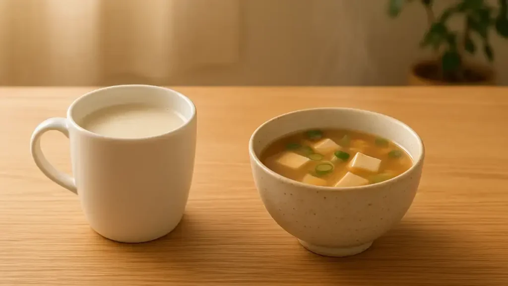 木のテーブルに置いた湯気の立つスープとスムージー