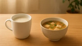 木のテーブルに置いた湯気の立つスープとスムージー