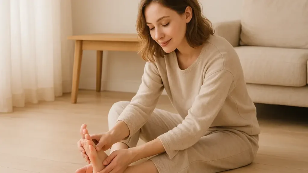 床に座って足裏を温める女性