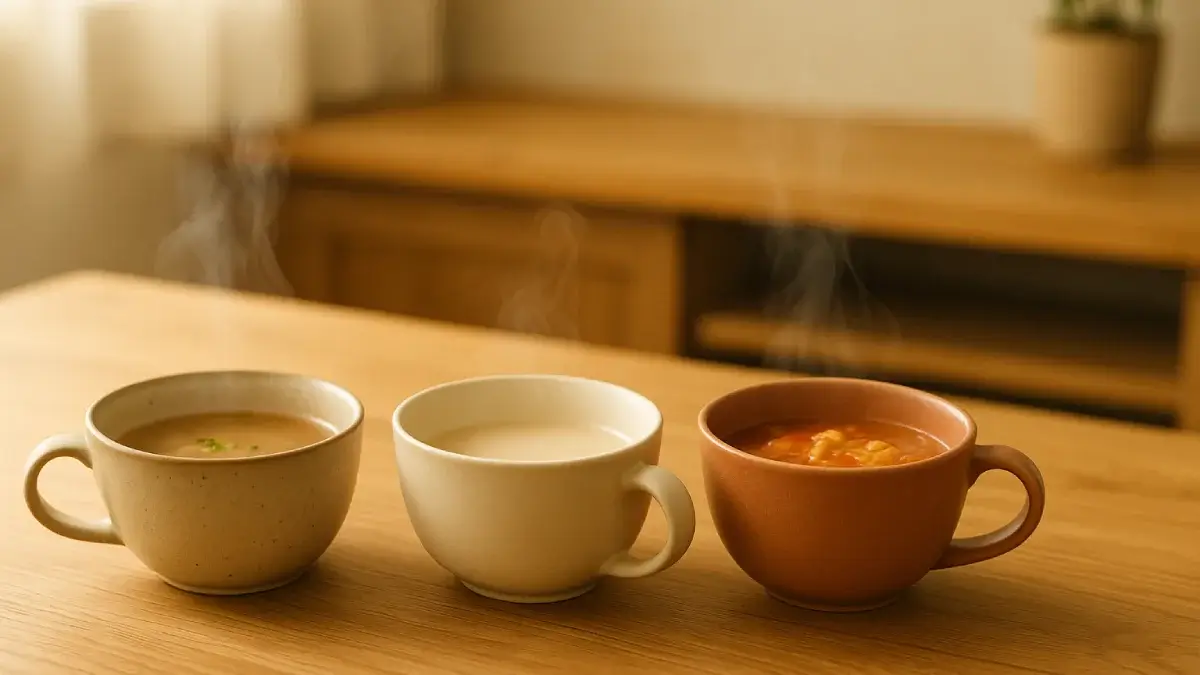 湯気の立つ3つのスープカップ