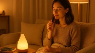 暖色ライトの中でアロマの香りを楽しむ女性