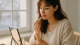 ナチュラル光のもとで冬メイクを準備している女性