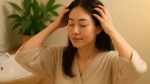 洗面台の前で頭皮を温めながらマッサージする女性