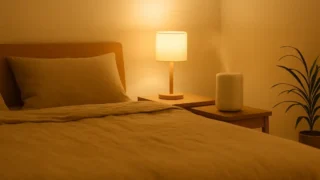 やわらかい間接照明が灯る寝室