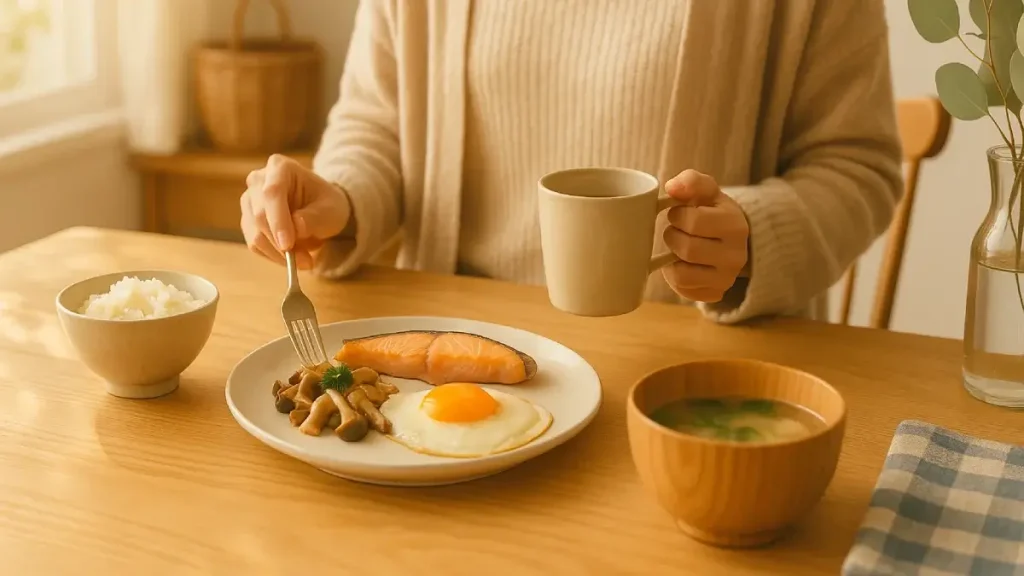 朝の光が差し込む部屋で朝食を準備している様子