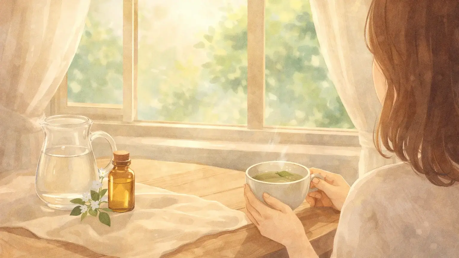 日のあたる窓際でアーユルヴェーダを実践している女性