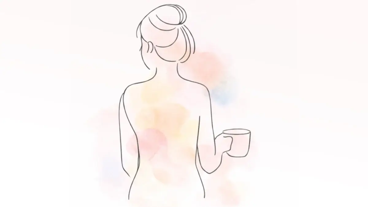 コーヒーカップを持った女性の後ろ姿のイラスト