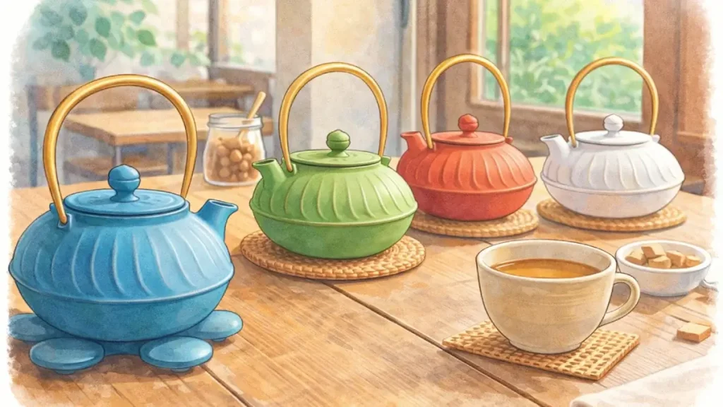 カフェのテーブルに置かれたカラフルな南部鉄器の急須