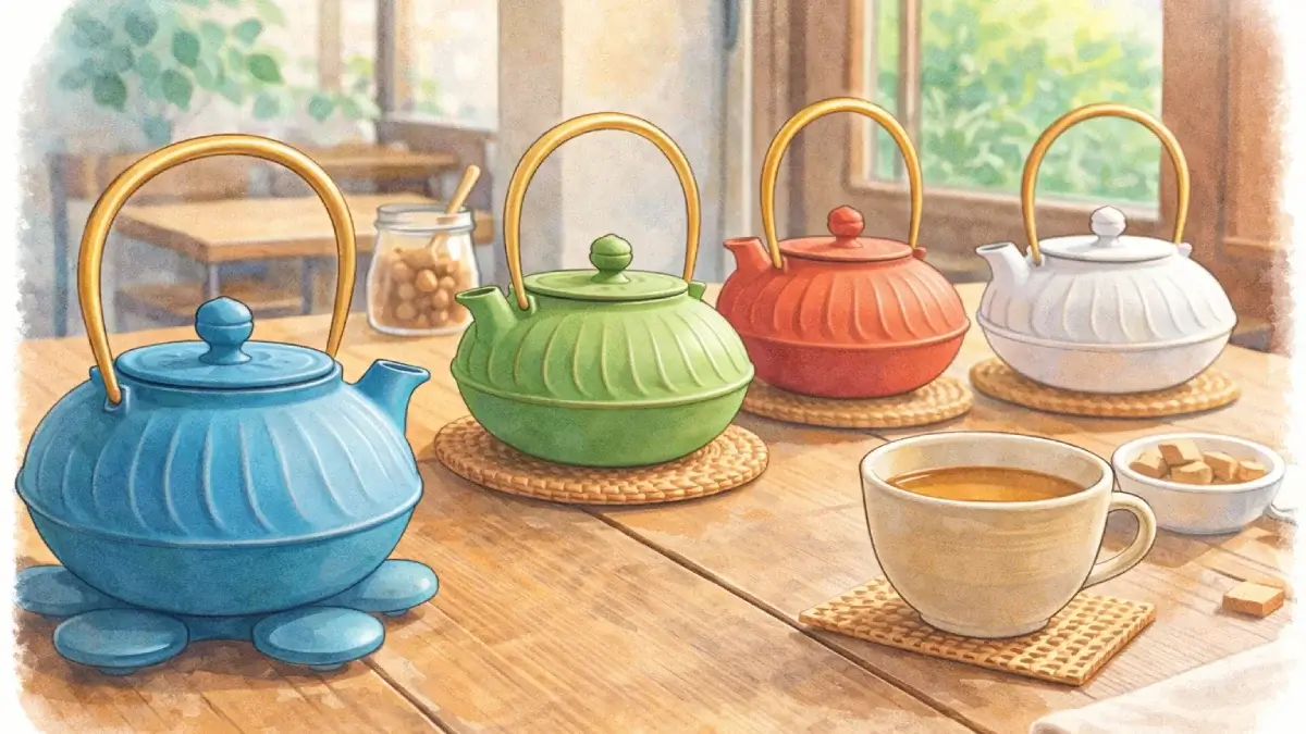 カフェのテーブルに置かれたカラフルな南部鉄器の急須