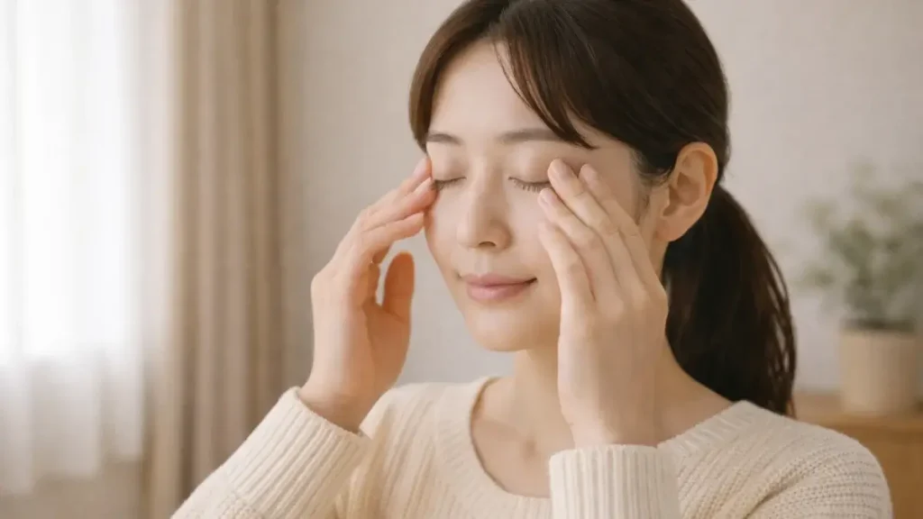 目元をやさしく押している女性の横顔