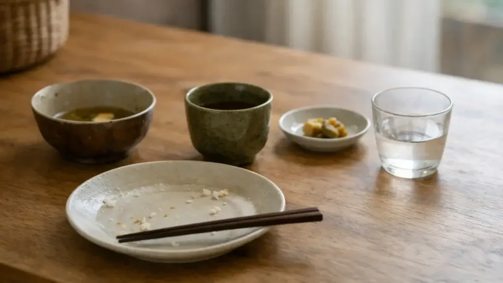 食後の食器が静かに置かれたシンプルな食卓