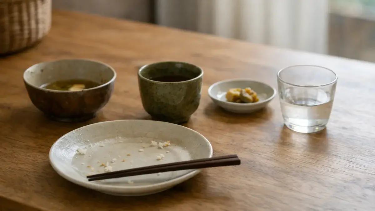 食後の食器が静かに置かれたシンプルな食卓