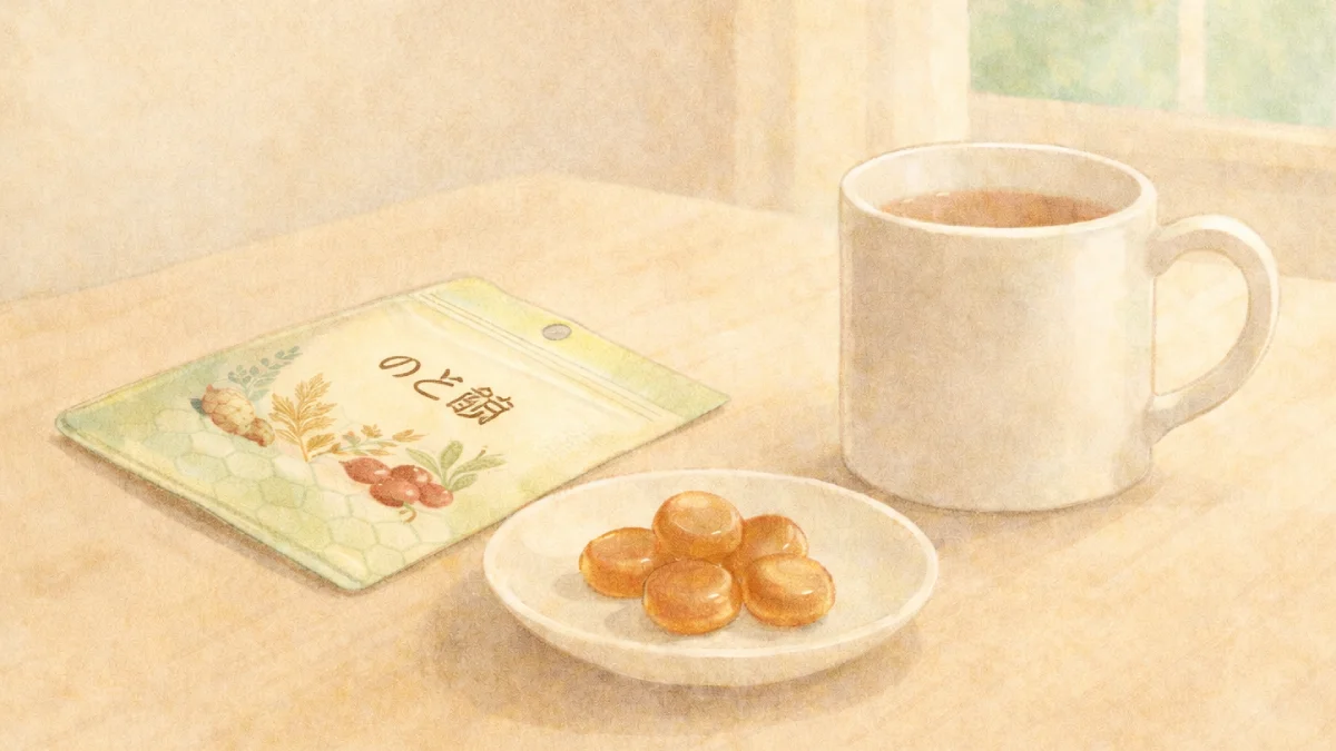 テーブルの上にのど飴とお茶がおいてある
