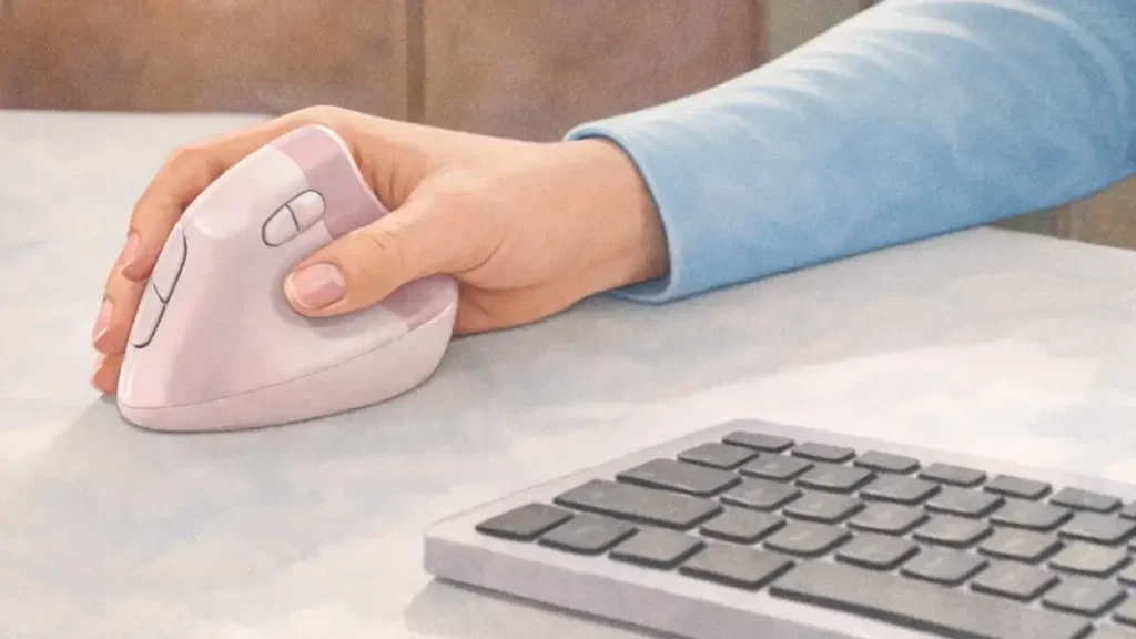 デスクの上に置かれた縦型マウスとキーボード