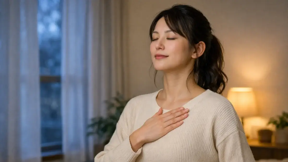 胸に手を当ててゆっくり呼吸している女性