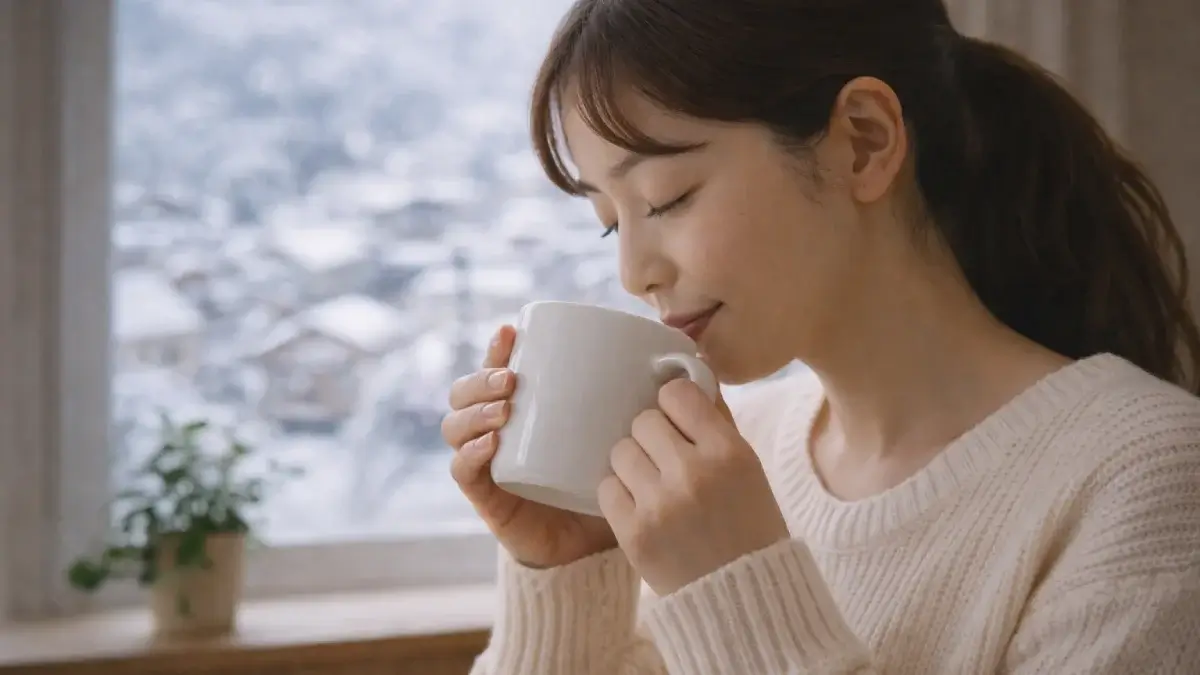 温かい飲みものを手にしてくつろぐ女性