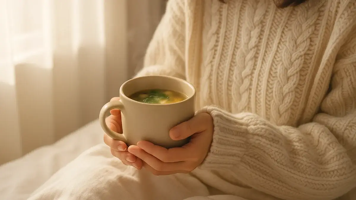 温かいスープを両手でそっと持っている女性の手元
