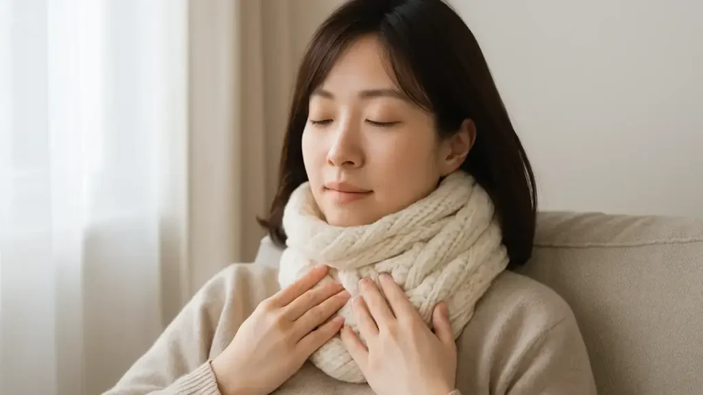 首元を温めながらリラックスしている女性