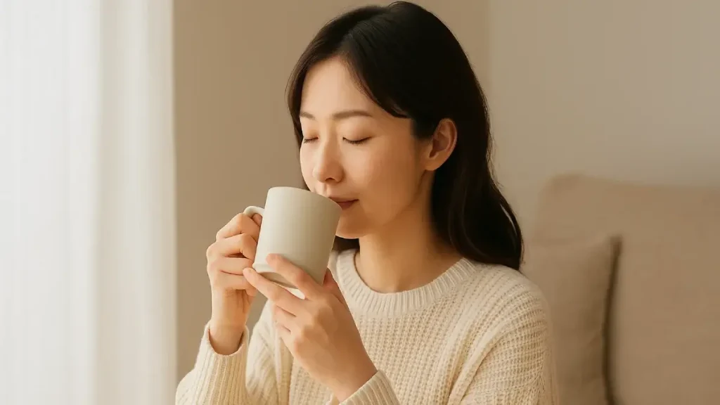 朝に白湯を飲みながら体を整えている女性