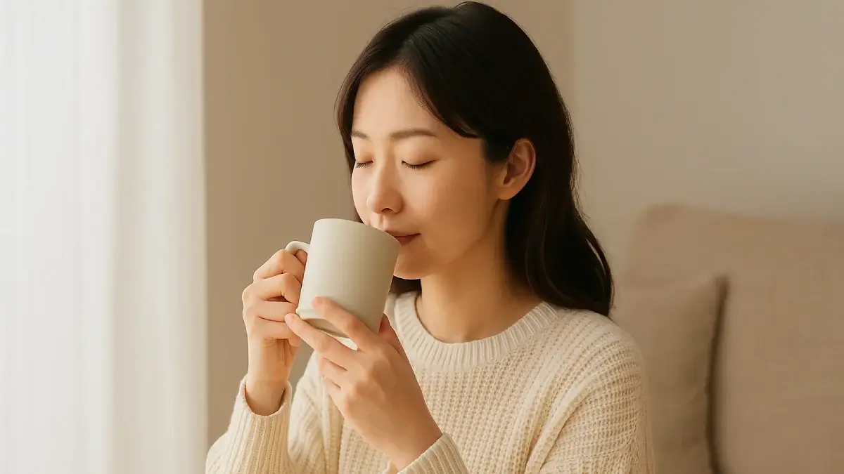 朝に白湯を飲みながら体を整えている女性